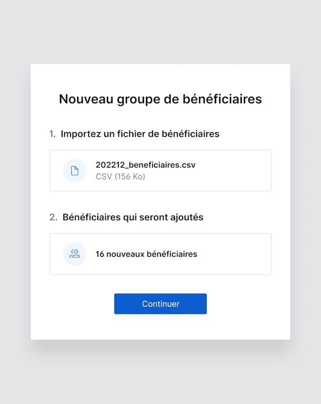 Interface d'ajout de bénéficiaires à partir d'un fichier XLSX ou CSV